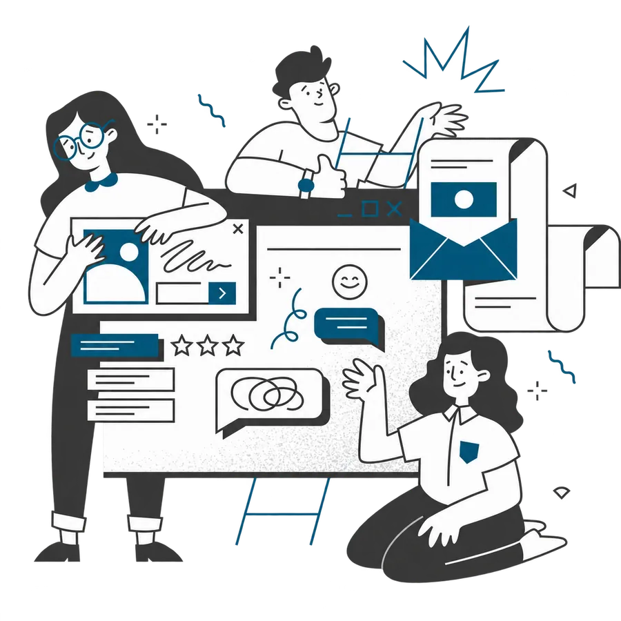 Ilustração de uma equipe criando site, conteúdo e campanhas para uma empresa
